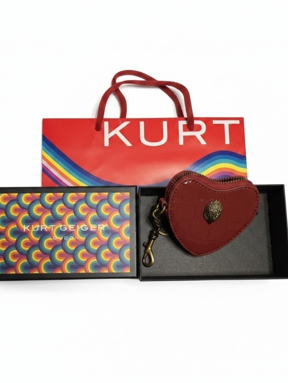 Kurt Geiger Burgundy Patent Heart Coin Pouch with Gold Keyring - Picture 2 of 2